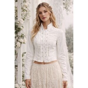 Sitwell Women's White Military Cropped Jacket Cotton Buttons Size 2 Cottagecore